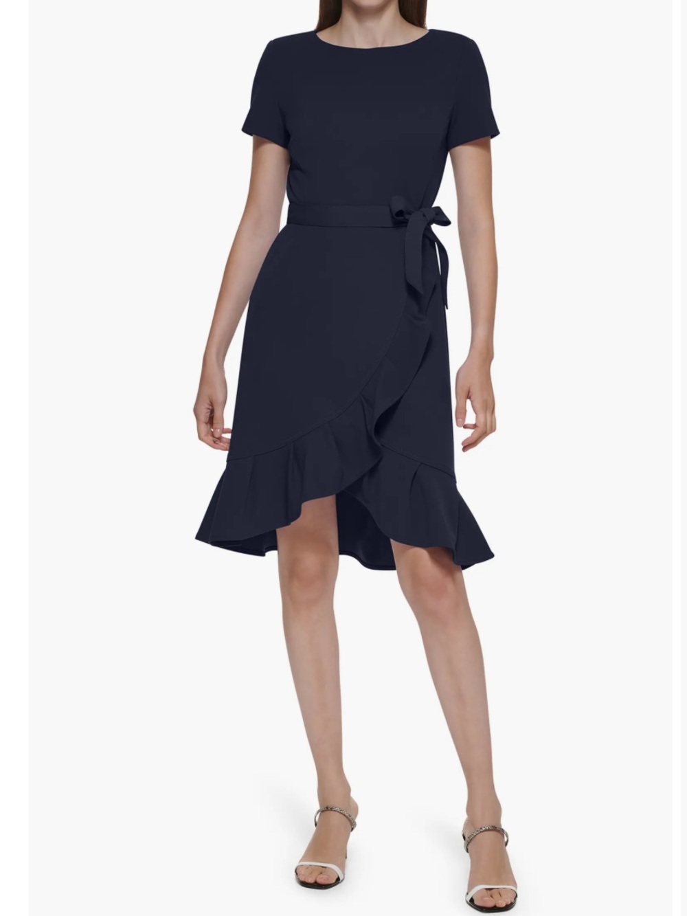 Calvin Klein Black Short Sleeve Ruffle Wrap Dress